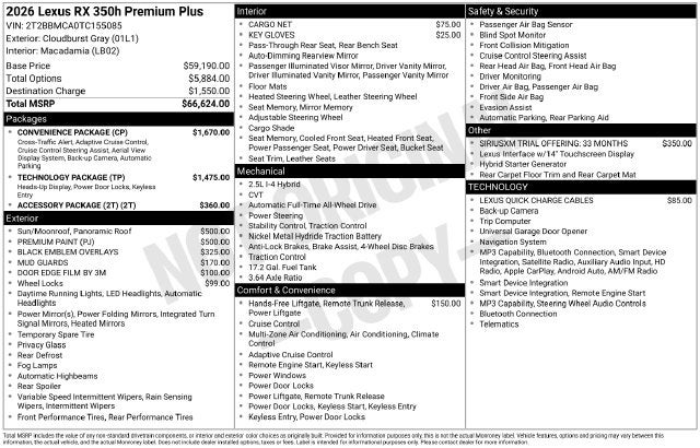 2026 Lexus RX 350h Premium+